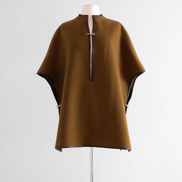 Vintage 1960's Modernist Wool Poncho With Leather Trim / SM