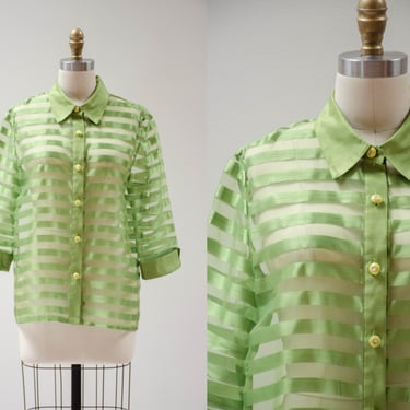 lime green blouse | 90s y2k plus size vintage neon green sheer mesh organza striped long sleeve blouse 