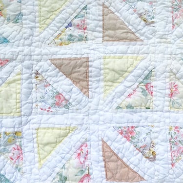 Vintage cutter quilt square. 32 X 20" Pastel floral granny print handmade patchwork pattern. Repurposed sewing fabric, craft supplies 