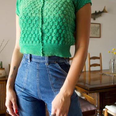 Vintage 40s 50s Handmade Knitted Green Short Sleeve Sweater Blouse 
