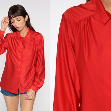 Red Button Up Shirt 70s 80s Blouse Vintage Plain Shiny Secretary Top Simple Collared Shirt Formal Minimalist 1980s Long Sleeve Medium Large 