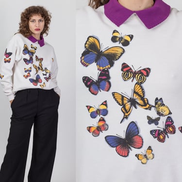 90s Collared Butterfly Sweatshirt - Medium | Vintage White Graphic Long Sleeve Pullover 