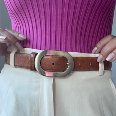 vintage leather silver tone oval buckle simple leather belt 