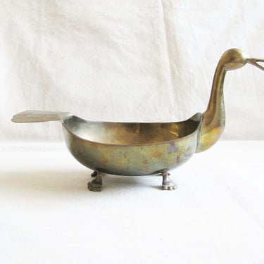Mid Century Brass Footed Duck Bird Dish - 1960s Gold Catchall Key Coin Bowl - Cryptid - Unique Housewarming Gift 