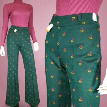 Cuffed floral pants vintage 60s 70s deadstock jacquard knit green high rise bell bottoms unique mod novelty (27 x 32) 