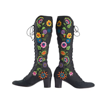 Mayfair Shoe Salons (Jerry Edouard) 1970s Vintage Floral Embroidered Black Canvas Lace-Up Boots Sz 7 B 