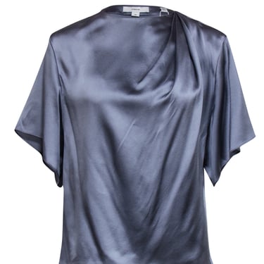 Vince - Grey Silk Short Sleeve Ruched Neckline Blouse Sz S