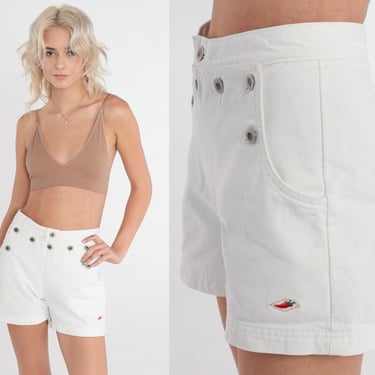 White Denim Shorts 90s Jean Shorts High Waisted Rise Retro Summer Embroidered Chili Pepper Club Button Front 1990s Vintage Extra Small xs 26 