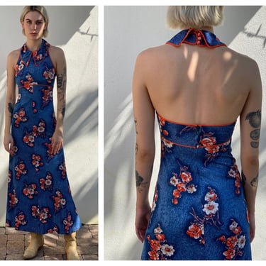 1970s Maxi Dress / Halter Back with Large Collar Maxi Gown / Summer Evening Gown / Poly Jersey Dress / Seventies Disco Era / Open Back Dress 