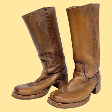 Vintage Fyre Boots Retro 1990s Western/Cowboy + Mens Size 10.5 D + Campus + 2550 + Brown Leather + Pull-On + Square Toe + 2.25