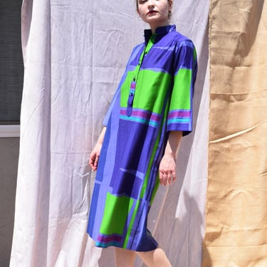 KATHERINE OGUST Vintage 70s Graphic Print Cotton Dress SZ Medium 