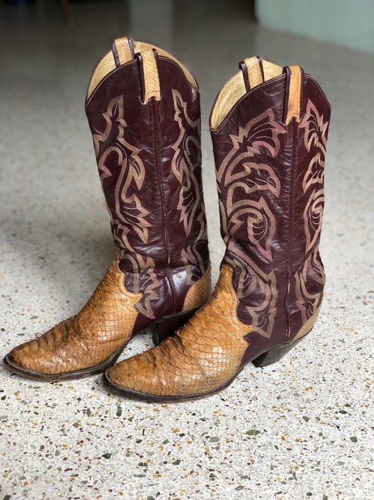 8 M / Vintage Snakeskin Cowboy Boots / Larry Mahan's Texas / Vintage Plum and Copper Boots / Stacked Heel / Nashville Boots / Size US 8 