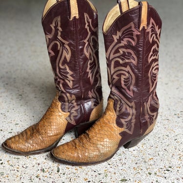 8 M / Vintage Snakeskin Cowboy Boots / Larry Mahan's Texas / Vintage Plum and Copper Boots / Stacked Heel / Nashville Boots / Size US 8 