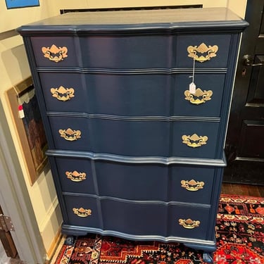 Blue painted 5 drawer tall chest. Kling furniture company. 21” x 35.5” x 51” 