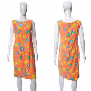 1960's Pink and Multicolor Neon Floral Printed Sleeveless Dress Size M