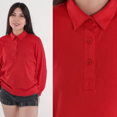 Red Polo Shirt 80s Collar Top Long Sleeve Shirt Plain T Shirt 1980s Retro Tee Vintage Preppy Shirt Slouchy Banded Hem Medium 