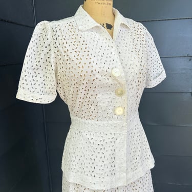 1940s White Cotton Eyelet Suit Skirt and PeplumTop Vintage WWII 36 Bust Vintage 