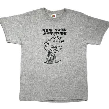 Vintage 90s/Y2K New York Attitude Calvin & Hobbs Comic Strip Style Graphic T-Shirt Size Medium 