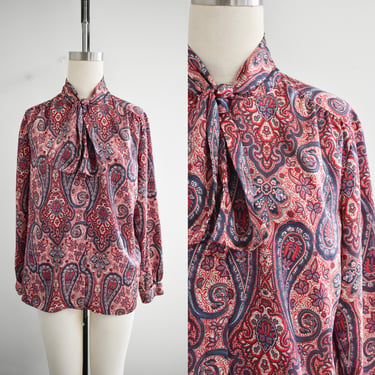 1980s Red and Navy Paisley Satin Tie Neck Blouse 