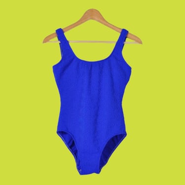 Vintage 90s Swimsuit, One Piece Bathing Suit, Cobalt Blue Textured High Cut Neon Leotard, Spring Summer Tank Top, Vtg 1990s Swimsuit 