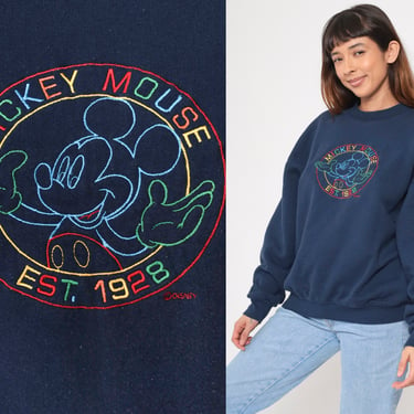 90s Mickey Mouse Sweatshirt Navy Blue Disney Sweater Embroidered Mickey Unlimited Shirt Cartoon Crewneck Vintage Retro 1990s Extra Large xl 