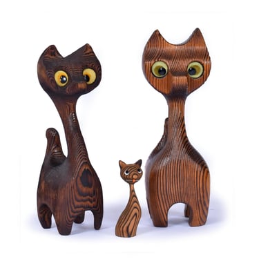 Trio of Mid-Century Witco Wood Carved Small Cat Figurines 