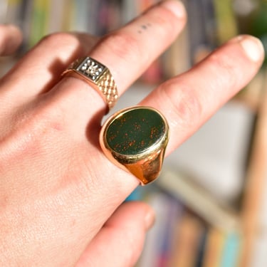 Men's Solid 14K Bloodstone Ring, Large Gemstone Signet Ring, Estate Jewelry, Size 13 US 