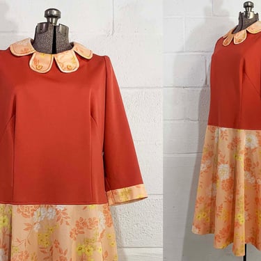 Vintage Mod Pastel Drop Waist Dress Midi Lilly Pulitzer Style 3/4 Sleeves Shift Salmon Peach Floral Twiggy MCM Curvy Volup 1960s XXL XL 