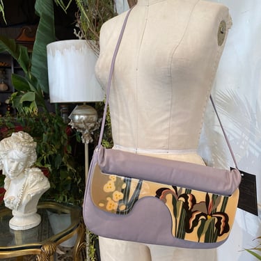 1980s shoulder bag. Patricia smith moon bag, vintage purse, lilac leather, cross body, iris print, lavender leather, envelope purse, clutch 