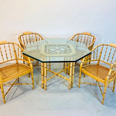 1979 Faux Bamboo Base with Glass Table Top and Set of Four Faux Bamboo with Cane Barrel Back Arm Chairs 