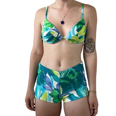 Vintage 1990s Womens Green Blue Floral Tropical Bikini Swimsuit Set Sz M 