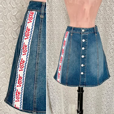 VOTE Denim Skirt, Button Down, High Waist, Upcycle, Blue Jean, Skater Skirt,, Size 4 