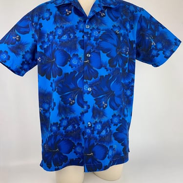 1960s Hawaiian Surf Shirt - Deep Electric Blue Tropical Print - Loop Collar - 100% Cotton  - Men's Size Large 