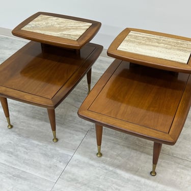 Very Sharp Mid-Century Modern 2-Tier End Table With Travertine ~ A Pair (SHIPPING NOT INCLUDED) 