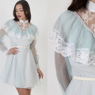 70s Sheer Baby Blue Swiss Dot Dress, Vintage Floral Lace Capelet Gown, Country Garden Bridal Day Party Mini 