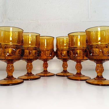 Vintage Amber Kings Crown Goblets Mount Vernon Water Glasses Thumbprint Stemmed Set of 6 Indiana Glass Yellow Orange 1970s 1960s 
