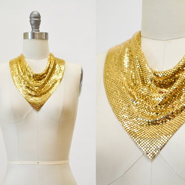 70s 80s Gold Metal Chainmail Collar Necklace Bib Whiting and Davis Vintage Chainmail Necklace 70s Wedding Large Gold Disco Necklace 