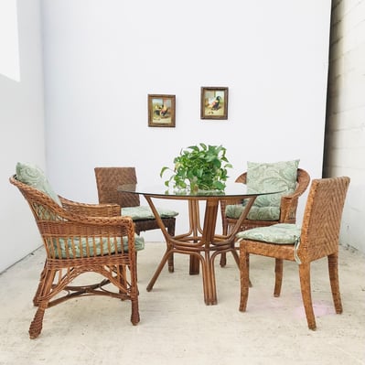Rattan And Glass Table With 4 Assorted Chairs / Set