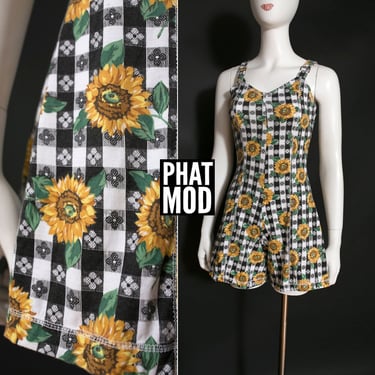 Adorable Vintage 90s Sunflower Tablecloth Picnic Vibes Romper 