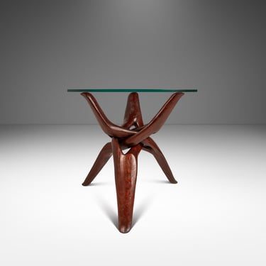 Organic Mid-Century Modern Accent Table Carved from Solid Mahogany w/ Interlocking Legs & Glass Top, USA, c. 1970's 