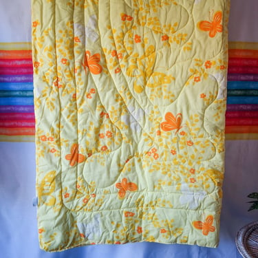 70s twin size flower power comforter with floral & butterfly motif in groovy 70s colors yellow orange for retro boho bedding hippie decor 