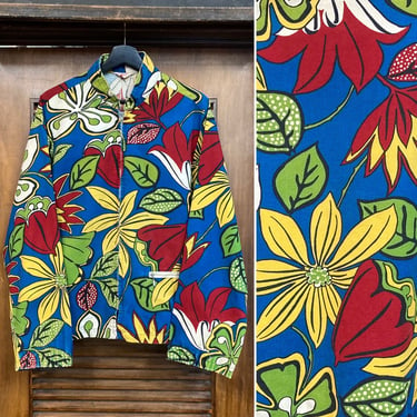 Vintage 1960’s Hawaiian Tropical Cotton Pop Art Hippie Surf Windbreaker Jacket, 60’s Floral Print, Vintage Clothing 