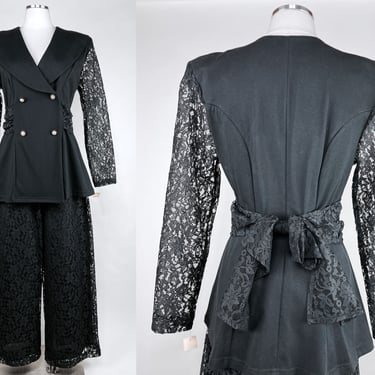 1980s Black Lace Power Suit w Palazzo Pants, Bow Back, Sheer Arms, Double Breasted Blazer by Christina S/M | Sexy, Cocktail, Party, Boss 