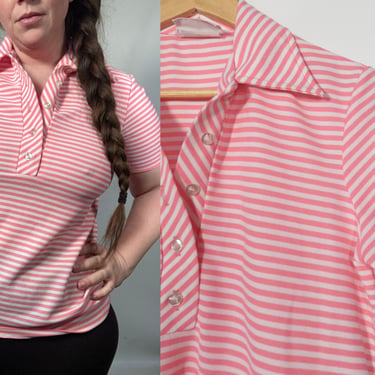 Vintage 70s Jantzen Pink Striped Polyester Polo Top Made In USA Size L 
