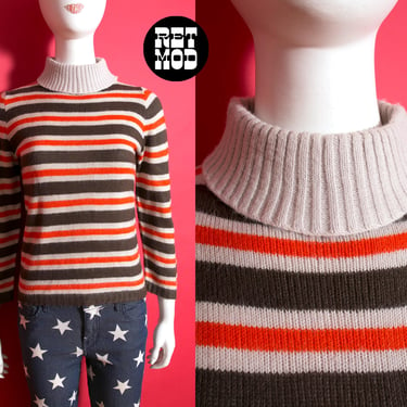 Mod Vintage 60s Orange Brown & Beige Stripe Fuzzy Sweater 