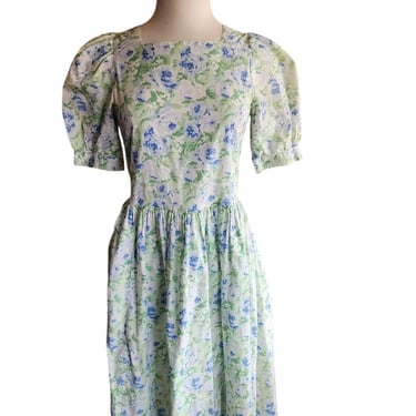 Vintage 80s Laura Ashley Floral Print Dress Blue Green White Cotton 