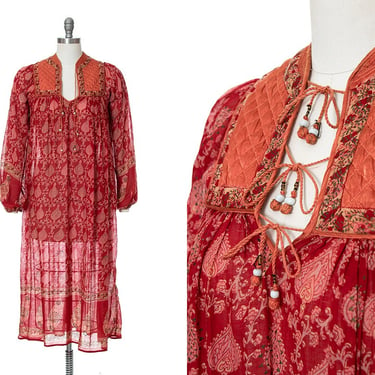 Vintage 1970s Dress | 70s Indian Cotton Metallic Floral Paisley Red Orange Sheer Long Sleeve Flowy Boho Dress (x-small) 