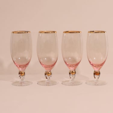 Pink Glasses, Art Deco Glasses,  Pink Crystal Glasses with Gold Rim, Set of Four Glasses 