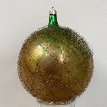 Antique Green Gold Silver Christmas Ornament, Mercury Glass Wire Wrapped Jumbo Ornament, Large Size With Wire Tinsel 