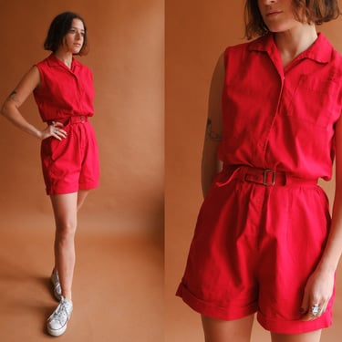 Vintage 50s Red Cotton Gym Romper/1950s Athletic Uniform/ Size Medium 